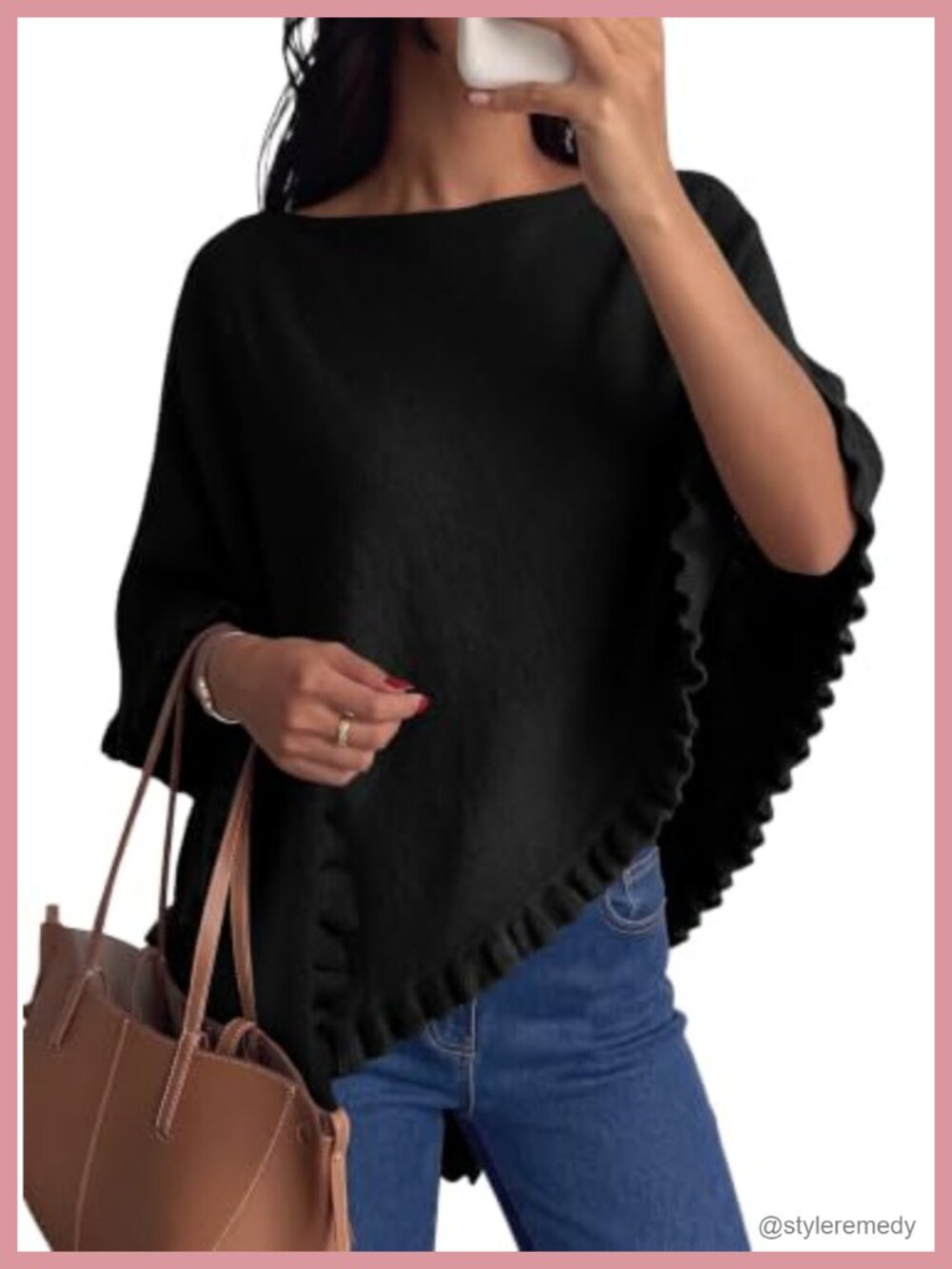 Lightweight Knit Poncho Sweater Ruffle Hem Boat Neck Pullover
